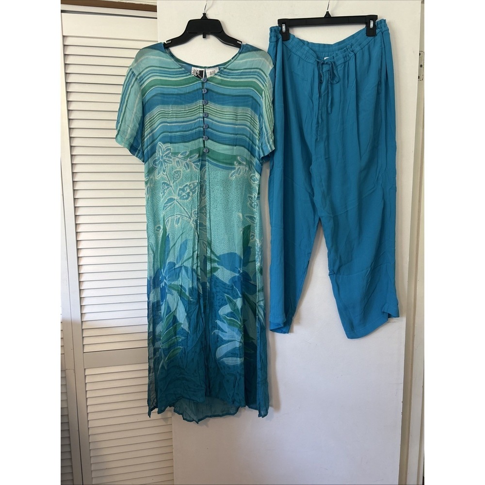 Phool Womens Blue Green Floral Stripe Sheer Tunic & Wide Leg Pant Set Rayon LGโ